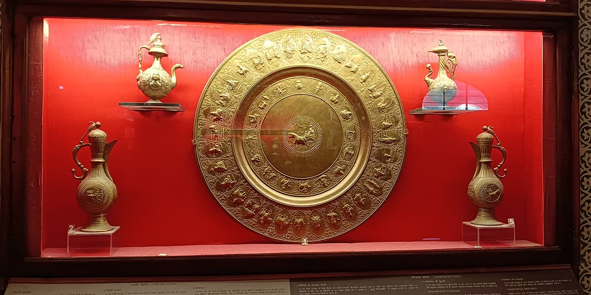 Engraved Brass Plate and Ewers at Jaipur Central Museum Engraved brass plate museum