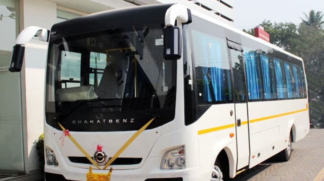 White BharatBenz Luxury Tourist Bus for Rajasthan Tour Packages BharatBenz Luxury Bus Hire