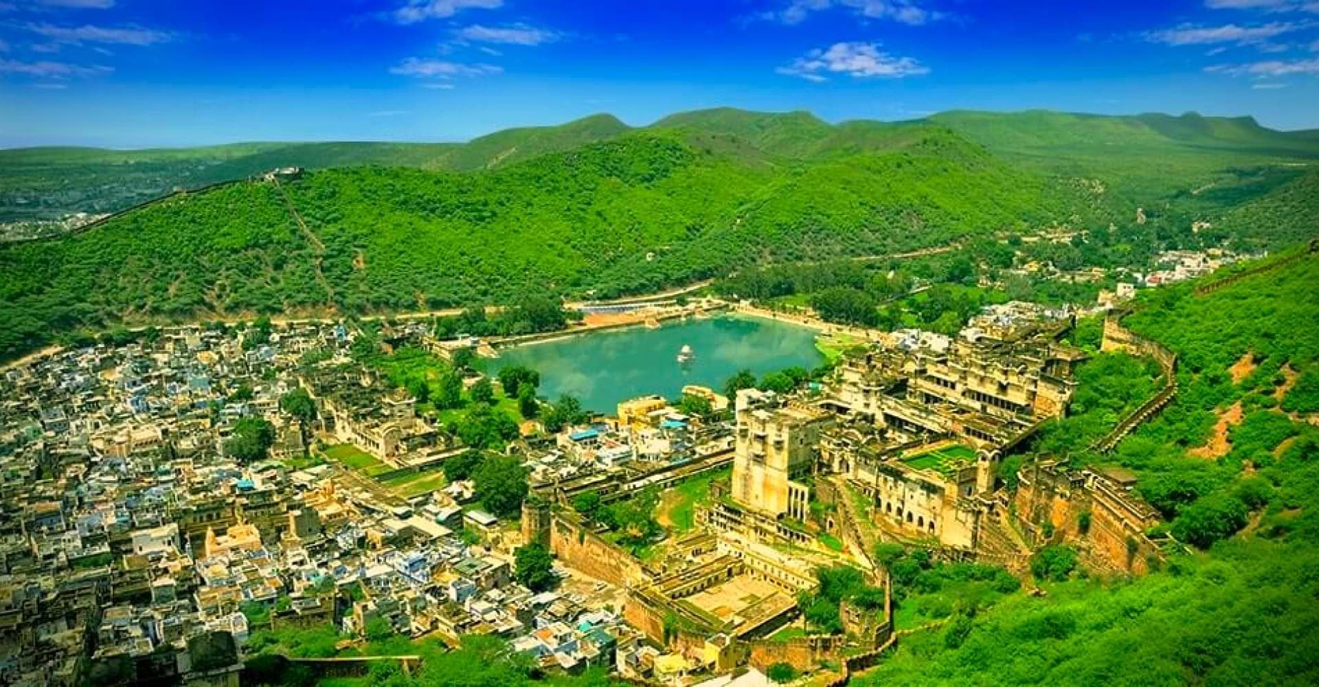 Aerial View of Garh Palace and Naval Sagar Lake in Bundi Garh Palace Bundi Rajasthan Lake